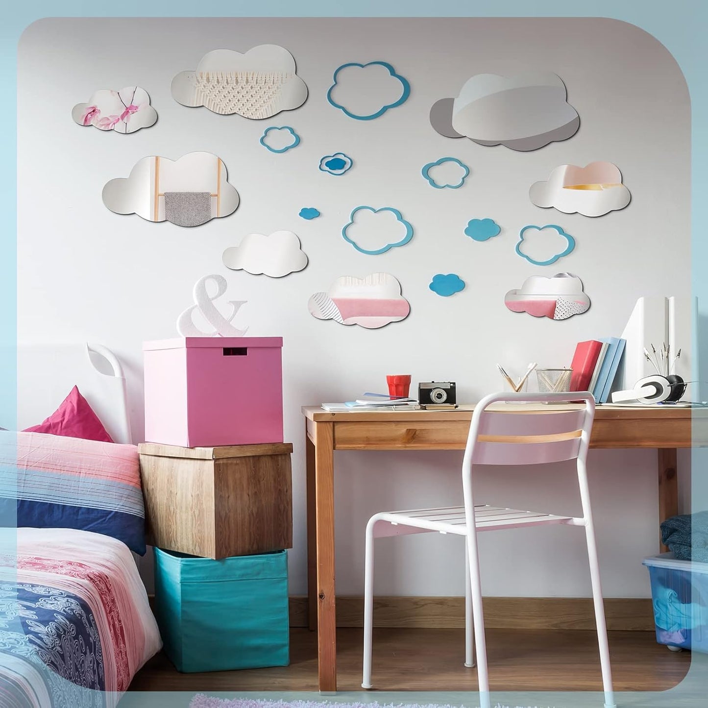8 Pcs Acrylic Cloud Shape Mirror Wall Art Decor Cloud Mirror Stickers Decals for Kids Girls Bedroom Bathroom Playroom silver